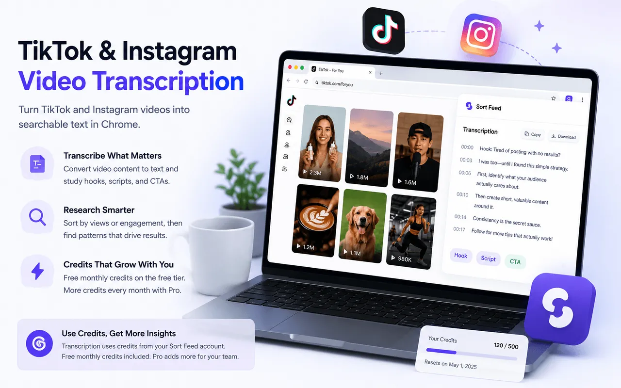 Sort Feed sorts TikTok and Instagram feeds, then transcribes hooks and scripts in Chrome