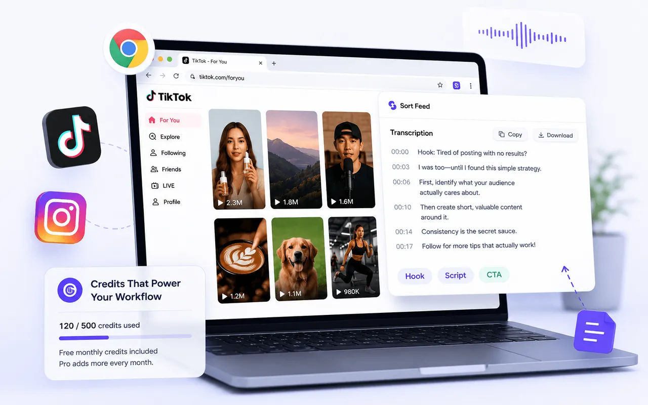 Transcribe TikTok and Instagram videos and study hooks, scripts, and CTAs as text